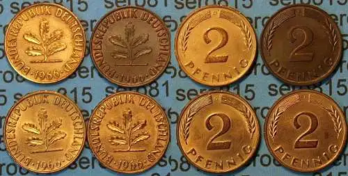 2 Pfennig complete set year 1966 all Mintmarks (D,F,G,J) Jäger 381   (445