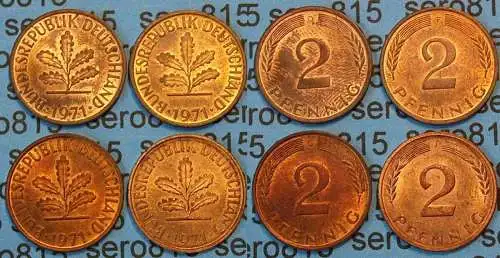2 Pfennig complete set year 1971 all Mintmarks (D,F,G,J) Jäger 381   (448
