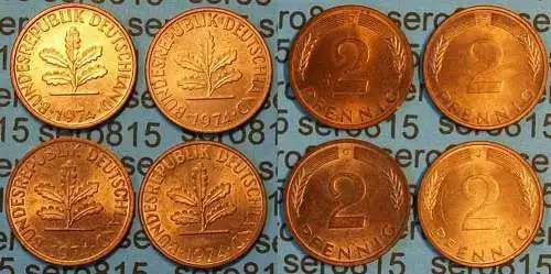 2 Pfennig complete set year 1974 all Mintmarks (D,F,G,J) Jäger 381     (451
