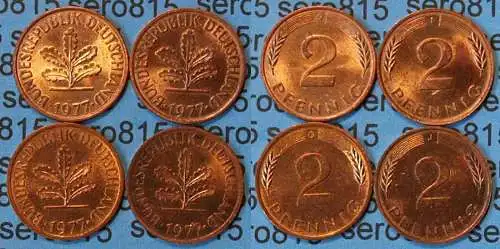 2 Pfennig complete set year 1977 all Mintmarks (D,F,G,J) Jäger 381     (472