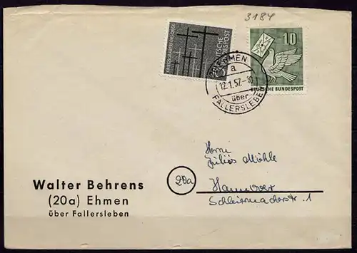 Ehmen Landpost-Überstempel Fallersleben 1957 n.Hannover   (6805