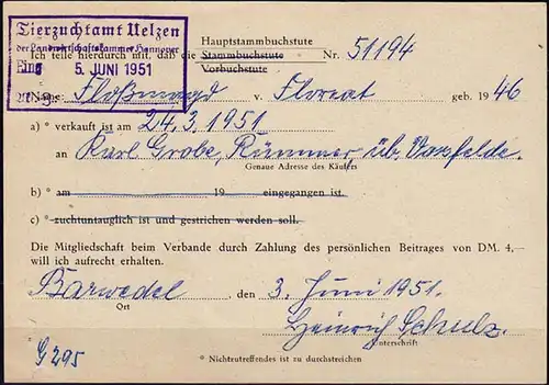 Karte Posthilfstelle/Landpost Barwedel ü Fallersleben 1951 Pferde (6101