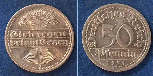 50 Pfennig Weimarer Republik 1921 G  Jäger 301 (n381