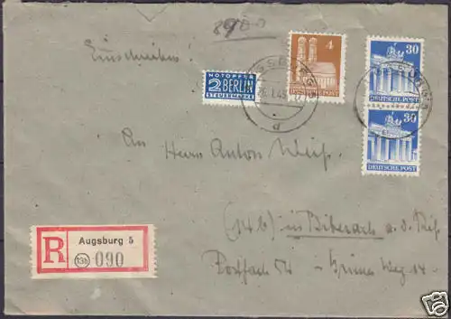 Bedarfs-R-Brief Augsburg nach Biberach 1949 Bauten   (4312