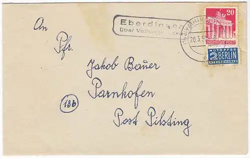 Posthilfstelle/Landpost Eberdingen über Vaihingen n. Parnkofen 1950 (10440