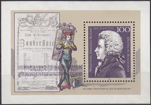 Bund 1991 Todestag Mozart Musik S/S  Block 26 **  (5483