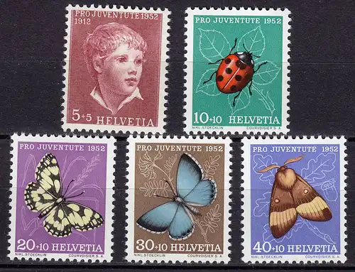 Schweiz - Switzerland Mi. 575-579 **  Pro Juventute 1952 Insekten Schmetterlinge