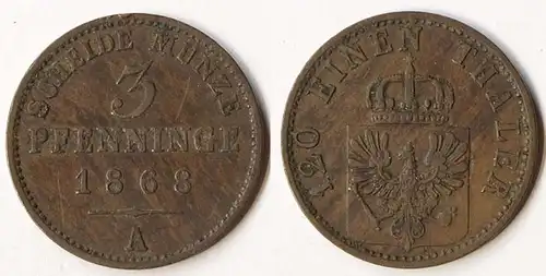 Brandenburg-Preussen 3 Pfennig 1868 A - Wilhelm I. 1861-1888  (p814