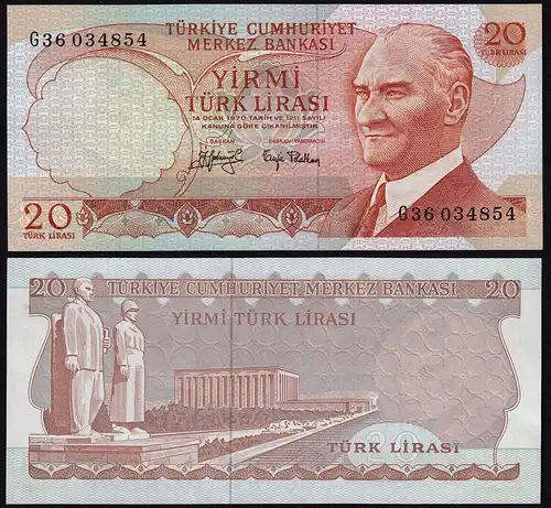 Türkei - Turkey 20 Lira Banknote 1970 (1974) Pick 187a UNC black Signature Sig.2