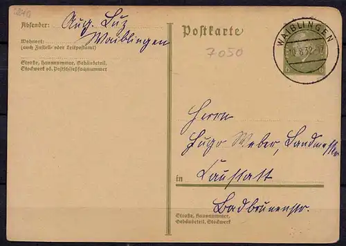 Waiblingen klarer Stempel 1932 auf Karte   (b317