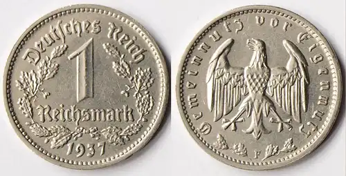 1 Mark WW2  3. Reich 1937 F Jäger Nummer 354  (r671