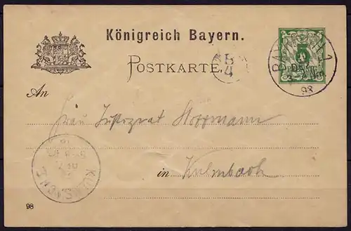 Bayreuth-Kulmbach Bayern 1898 Karte Distributions/Briefträgerstempel B4 (b776