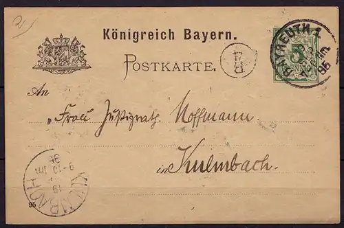 Bayreuth-Kulmbach Bayern 1895 Karte Distributions/Briefträgerstempel B4 (b777