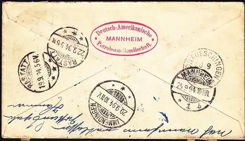 DR 1894 R-Brief m.47/48 Mannheim-Rastatt-Immendingen-Donaueschingen-Rastatt-Mh.