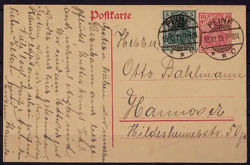 Peine GS m.Zusatzfrankatur Kreisgitterstempel 1919(b803