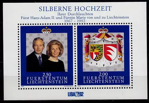 Liechtenstein 25 Hochzeitstag 1992 Mi Block 14 **    (c051