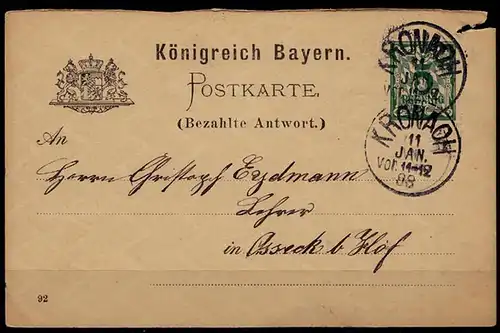 Kronach Bayern Antwortkarte nach Osseck 1888 (b809