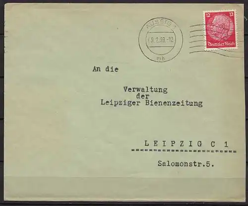 Aussig Maschinenstempel Brief nach Leipzig 1939 (9881