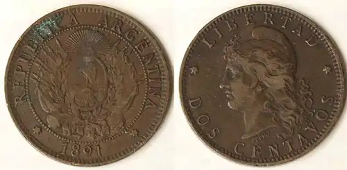 Argentinien Argentina Dos (2) Centavos Münze 1891   (9548