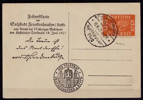 FESTPOSTKARTE FRANKENHAUSEN KYFFHÄUSER-FLUG 1921 (b681