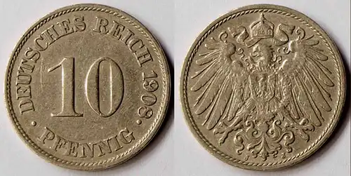 10 Pfennig Kaiserreich EMPIRE 1908 J - Jäger 13   (r329