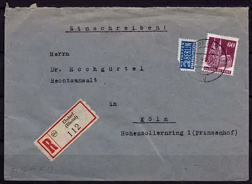 Elsdorf R-Brief Bauten 60 Pf Einzelfrankatur 1951   (7567