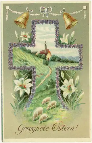 AK feine Prägekarte Ostern Glocken Schafe Kreuz   (2697