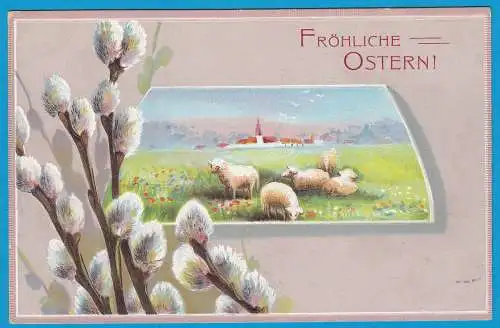 AK Prägekarte Frohe Ostern Schafe Weidenkätzchen   (2704