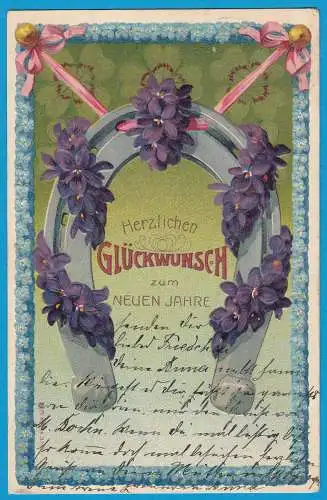 AK Prägekarte Neujahr Hufeisen Blumen 1905 Prägedruck   (2757