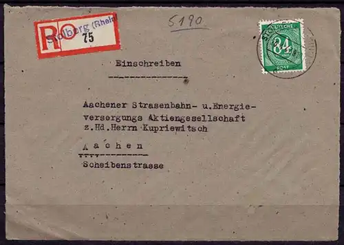 Stolberg E-Brief prov.R-Zettel 1947 nur Vorderseite  (7582