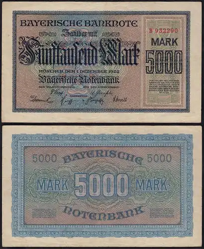 Bayern - Bavaria - 5000 Mark Banknote Notenbank Notgeld 1-12-1922 VF   (14834