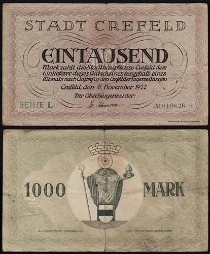 Rheinland - Crefeld Krefeld 1000 Mark 1922 Notgeld F/VF (14679