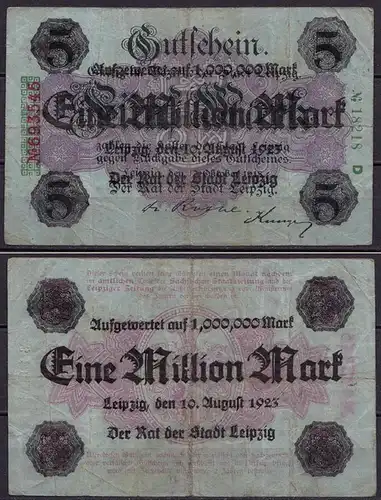 Sachsen - Leipzig 1 Millionen Mark 1923 Überdruck a.5 Mk 1918 Serie D  (ca980