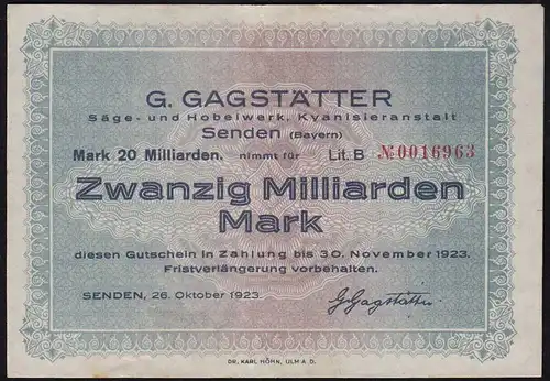 Bayern - Senden 20 Milliarden Mark 1923 Gagstätter Säge und Hobelwerk VF (14738