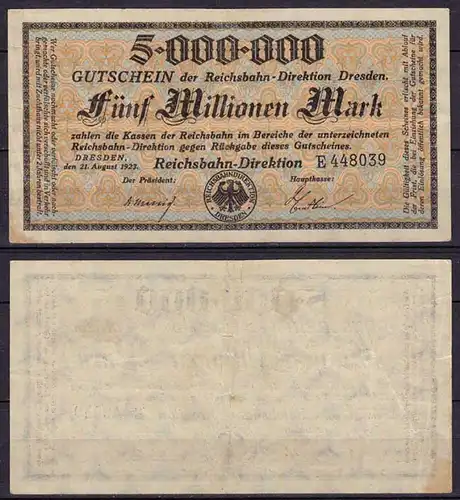 Reichsbahn Dresden 5 Millionen Mark 1923 Reihe E  gebraucht  (cb254