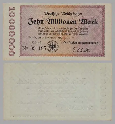 Reichsbahn Berlin 10 Millionen Mark 1923 aUNC   (16387