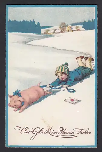 AK Litho Neujahr Neues Jahr Kinder Schwein Eis Schnee  (16697