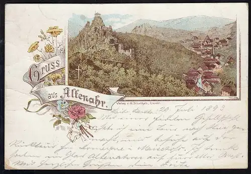 AK Frühes Litho aus Altenahr 30.7.1893 nach Kreuznach selten   (17153