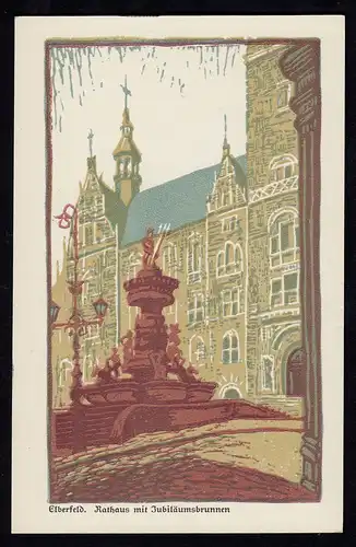 AK Elberfeld Rathaus mitJubiläumsbrunnen Holzschnitt J.Wolff  (17223