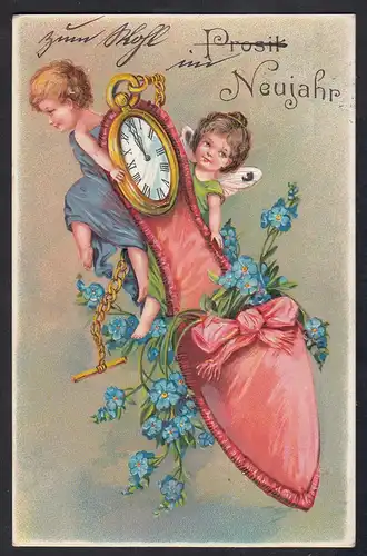AK Neujahr Prägedruck Kinder Uhr Oberschönau 1911    (17482