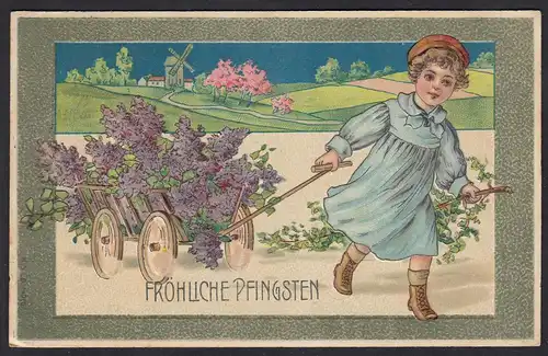 AK Fröhliche Pfingsten Prägedruck Kinder Blumen 1909  (17483
