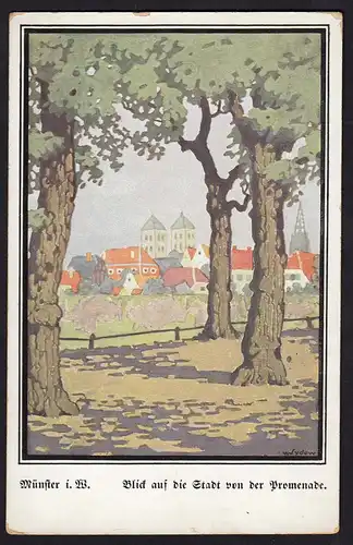 AK Münster Westfalen Kunstkarte Stadt von Promenade signiert Sydow (16848