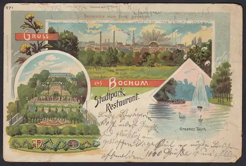 AK Litho Gruss aus Bochum Stadtpark Restaurant Teich 1900   (12386