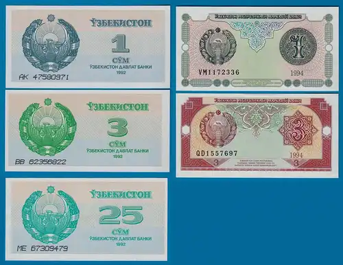 USBEKISTAN - UZBEKISTAN 5 Stück Banknoten 1992-94 UNC (18190