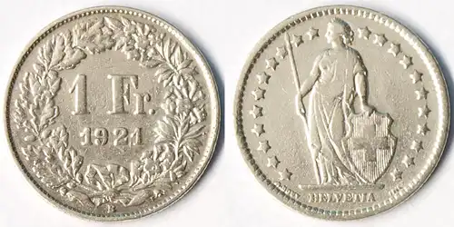 Schweiz - Switzerland 1 Franken Silber-Münze 1921   (r1312