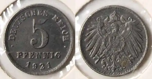 5 Pfennig 1921 G Deutsches Reich Eisen - Jäger 297 bfr.   (p404
