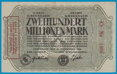 Kreuznach - Notgeld 200 Millionen Mark 1923 4-stellig m.Aufdruck (18954