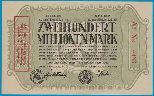 Kreuznach - Notgeld 200 Millionen Mark 1923 4-stellig m.Aufdruck Serie A