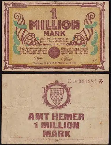 Westfalen - Hemer Amtskasse 1 Million Mark Serie C 1923 Notgeld Starnote(15357