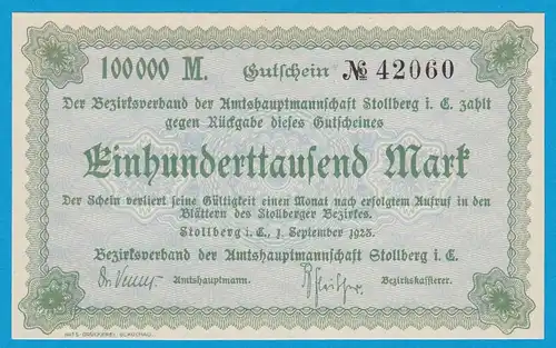 Sachsen - Stollberg 100-tausend Mark 1923 Notgeld XF     (19142